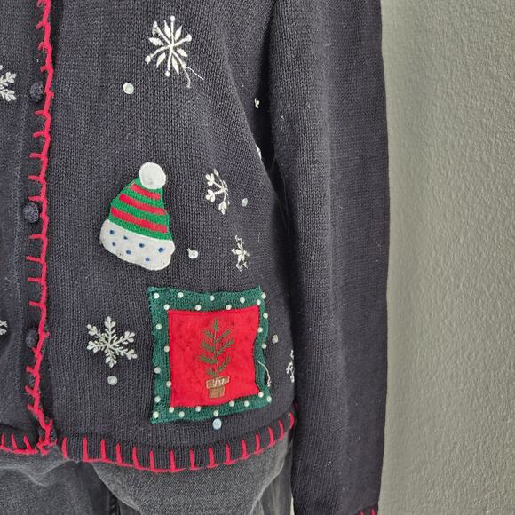 Vintage 90s Basic Editions Holiday Black Snowflake Christmas Sweater Cardigan M - Picture 4 of 10